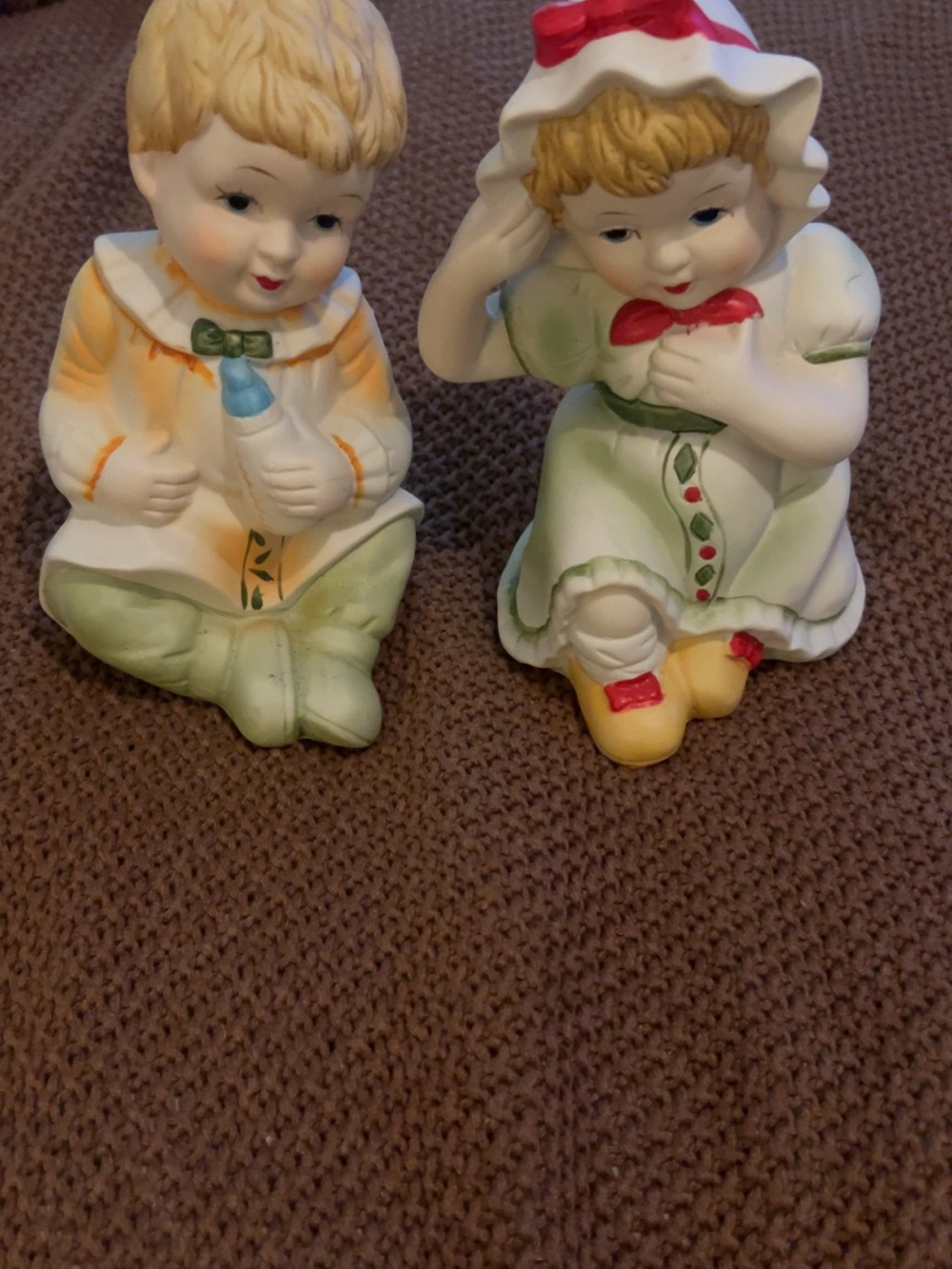 Hand-Painted Ceramic Boy and Girl Figurine Set in Green and Yellow